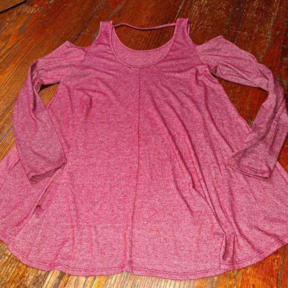 Small Acemi Red Heather Cold Shoulder Long Sleeve Pullover Shirt Top Round Neck